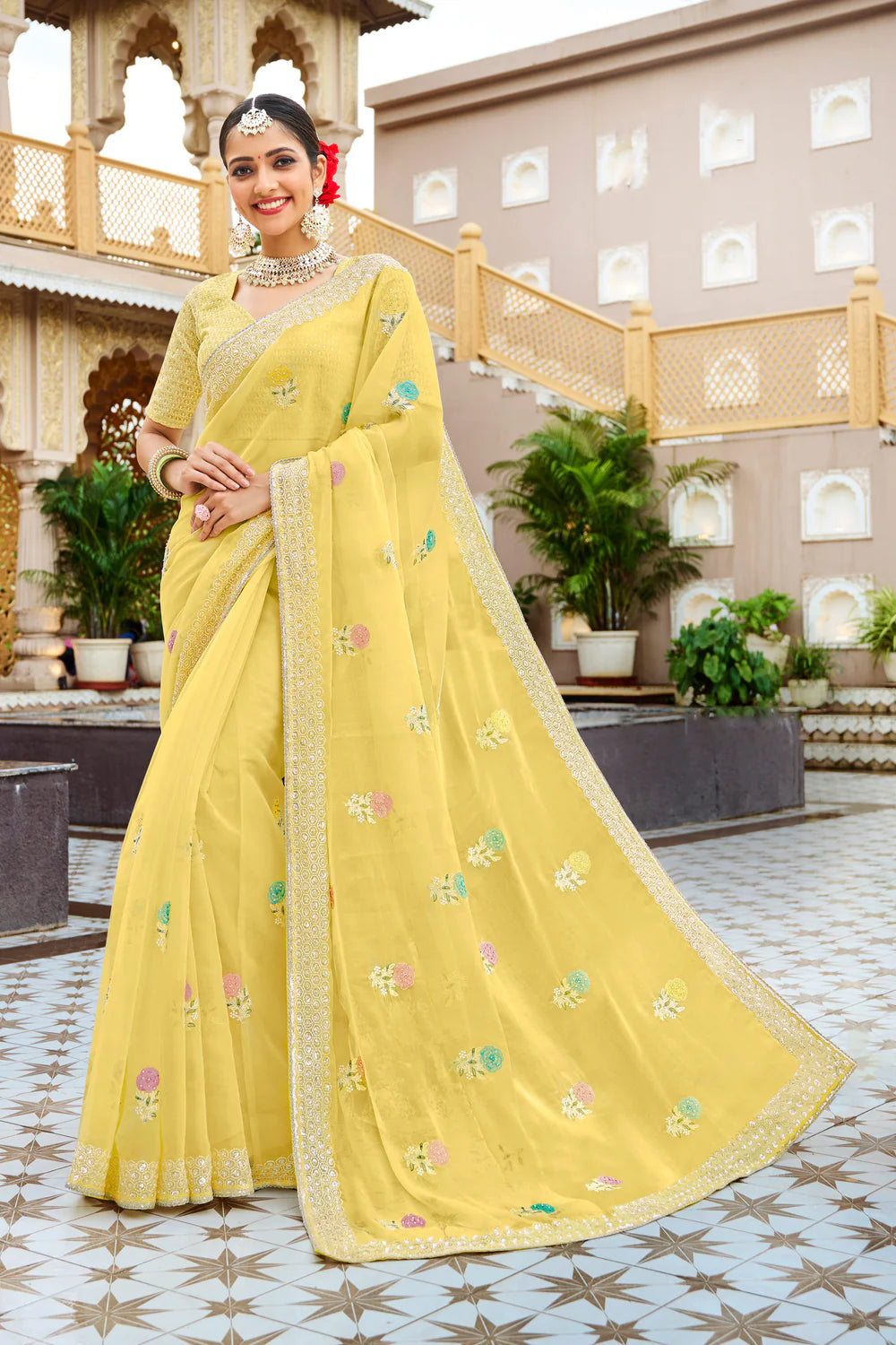 Malmal N-2218 Organza Lemon Yellow Saree