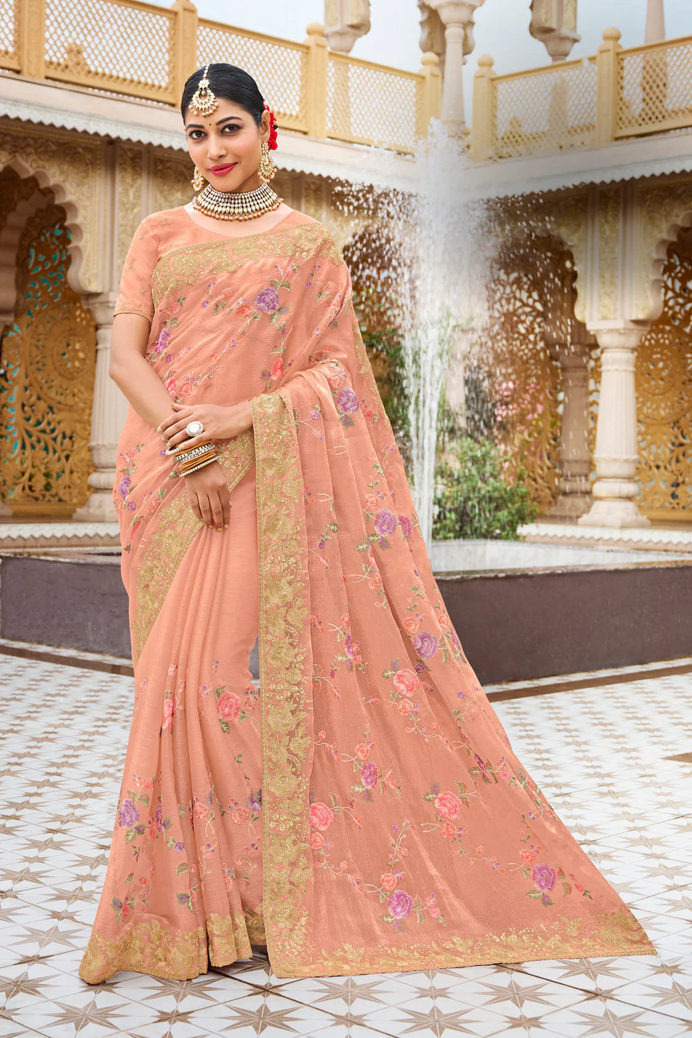 Malmal N-2224 Chiffon Peach Saree