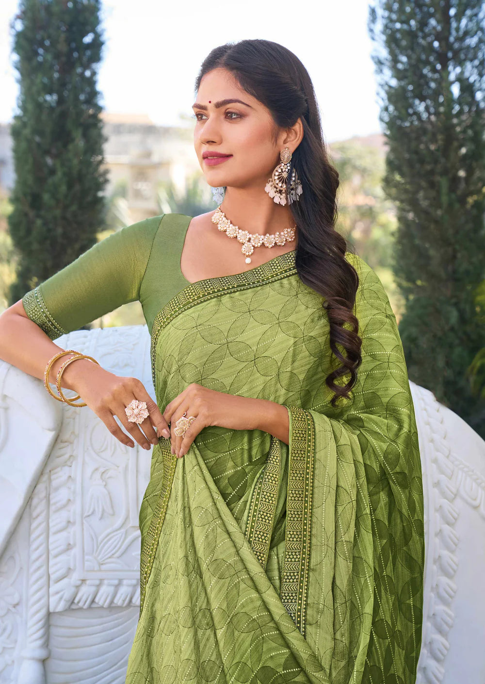 Green Chiffon Floral Printed Saree – Flowy, Beautiful & Timeless Appeal- Rang Panchami